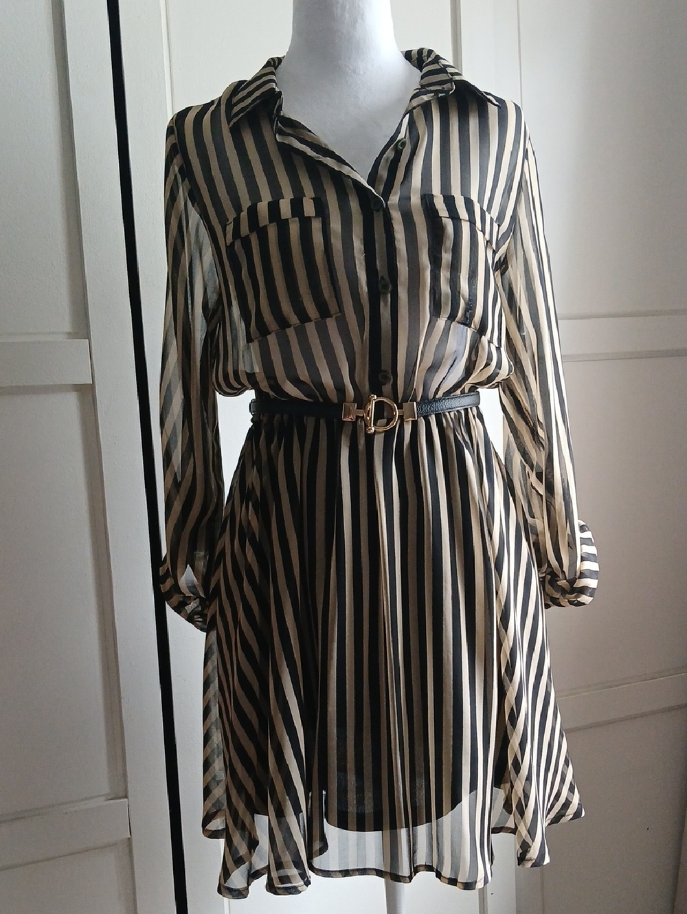 Striped Black and Cream Shirt Dress